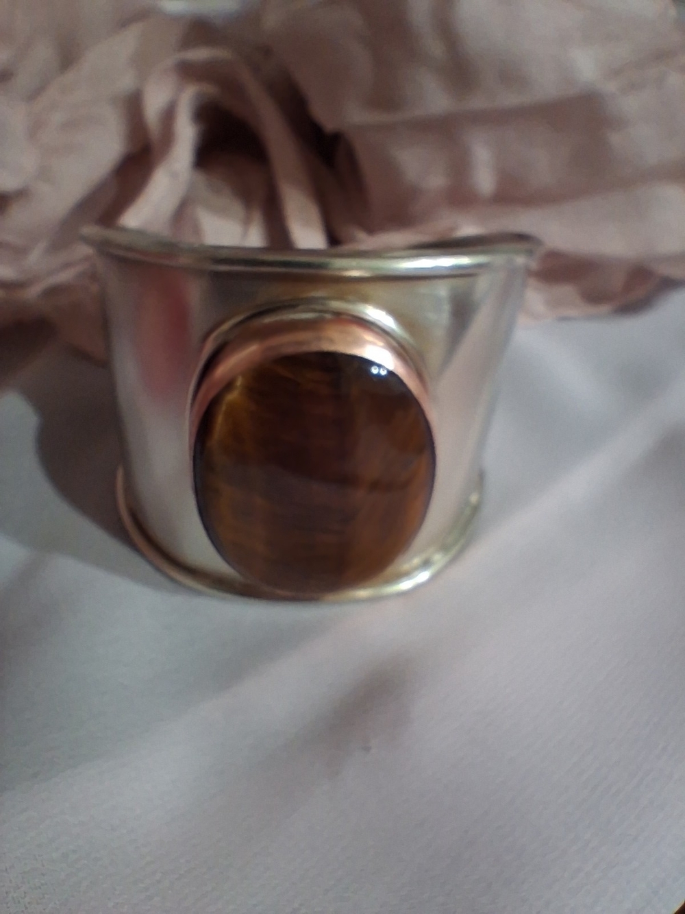 Handcrafted Silver Cuff Bracelet with BIG Brown Tiger Eye Stone